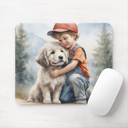 Kleiner Junge umarmt Hund in Wasserfarbe Mousepad (Mit Mouse)