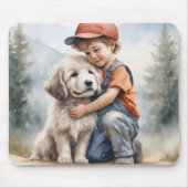 Kleiner Junge umarmt Hund in Wasserfarbe Mousepad (Vorne)