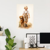 Kleiner Junge und Goldene Retriever Poster (Heimbüro)