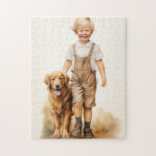 Kleiner Junge und Goldene Retriever Puzzle