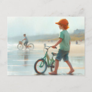 Kleiner Junge und sein Fahrrad am Strand Postkarte