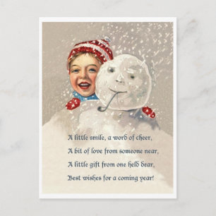 Kleiner Junge versteckt sich hinter Schneemann, al Postkarte