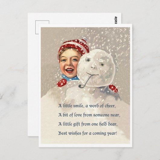 Kleiner Junge versteckt sich hinter Schneemann, Vi Postkarte (Vorne/Hinten)