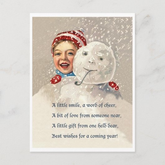 Kleiner Junge versteckt sich hinter Schneemann, Vi Postkarte (Vorderseite)