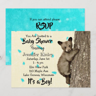 Kleiner Keuchbär Aquamarin und Tan Boys Babydusche Einladung