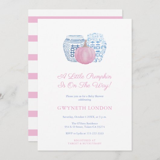 Kleiner Kürbis auf dem Weg Pink Girl Baby Dusche Einladung (Vorne/Hinten)