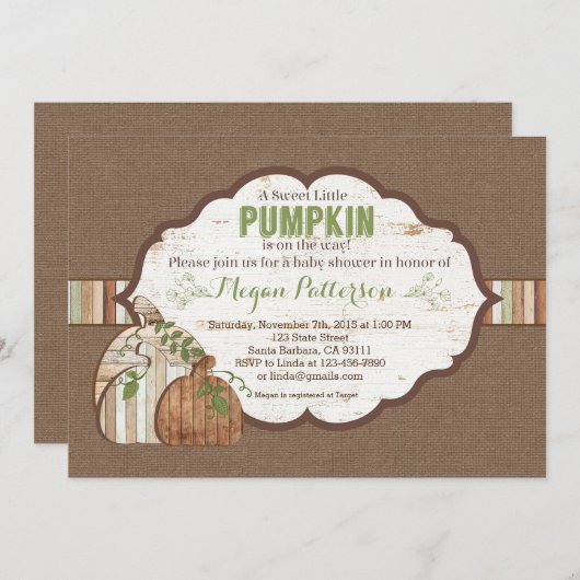 Kleiner Kürbis auf dem Weg! Rustikale Babydusche Einladung (Vorne/Hinten)