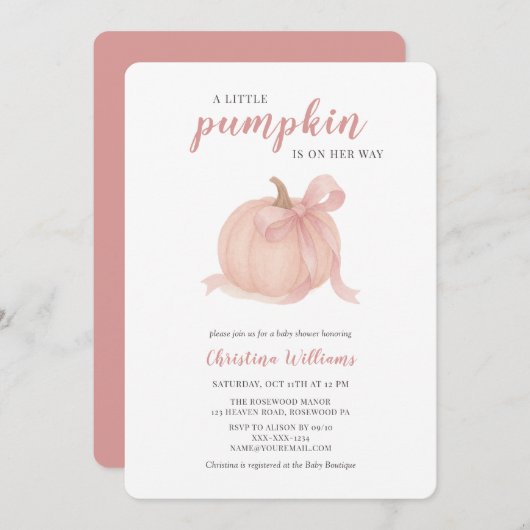 Kleiner Kürbis auf die Pink Baby Dusche Einladung (Vorne/Hinten)