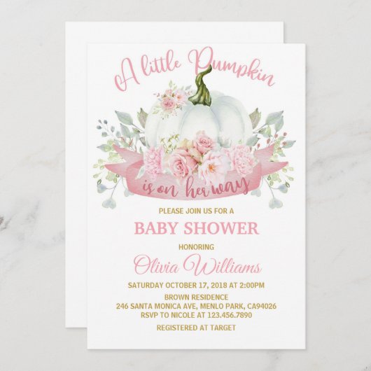 Kleiner Kürbis auf die Pink Bow Baby Dusche Einladung (Vorne/Hinten)