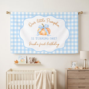 Kleiner Kürbis Blau Gingham Geburtstag Banner