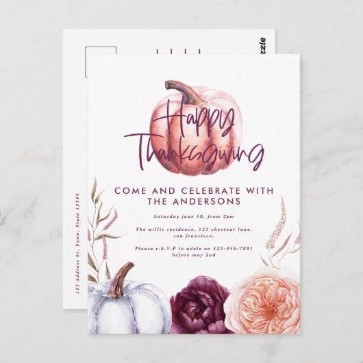 kleiner Kürbis Blumenfall lila Erntedank Postkarte (Vorne/Hinten)