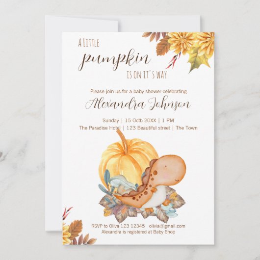 Kleiner Kürbis Dinosaurier Fall Baby Dusche Einlad Einladung (Vorderseite)