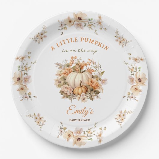 Kleiner Kürbis ist auf dem Weg neutrale Babydusche Pappteller (Vorderseite)