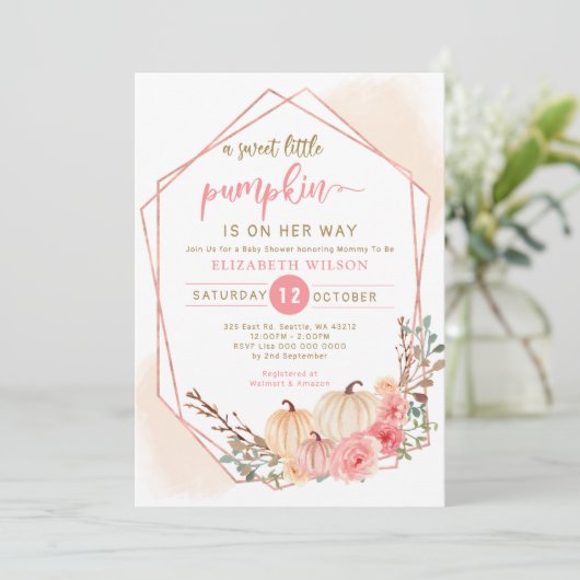 Kleiner Kürbis ist auf dem Weg, rosa Babydusche Einladung (Stehend Vorderseite)