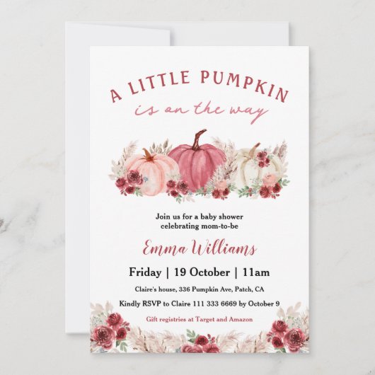 Kleiner Kürbis ist auf dem Weg zur Marsala Babydus Einladung (Vorderseite)