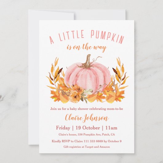 Kleiner Kürbis ist auf dem Weg zur Pink Girl Babyd Einladung (Vorderseite)