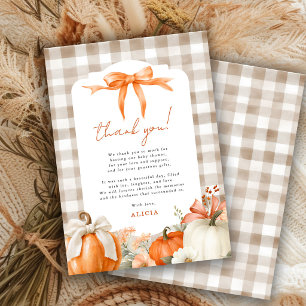 Kleiner Kürbis orange Schleife Gingham Baby-Party Dankeskarte