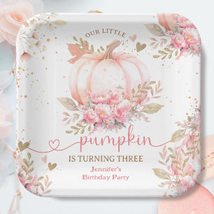 Kleiner Kürbis Rosa Blumiges Mädchen Herbst 3. Geb Pappteller