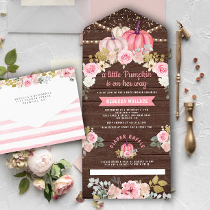 Kleiner Kürbis Rosa Gold Blumen Holz Babyparty All In One Einladung