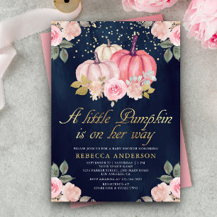 Kleiner Kürbis Rosa Gold Blumen Navy Baby Shower Einladung
