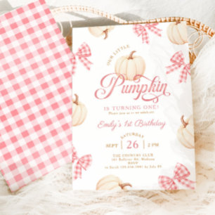 Kleiner Kürbis rosa Schleifen Gingham Mädchen 1. G Einladung
