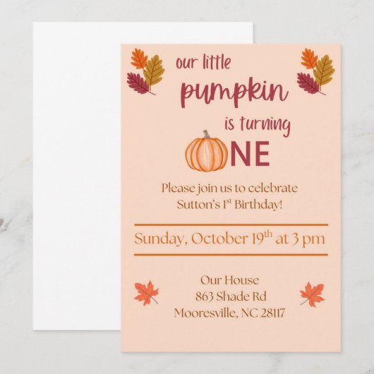 kleiner Kürbis wird eins Einladung (Vorne/Hinten)