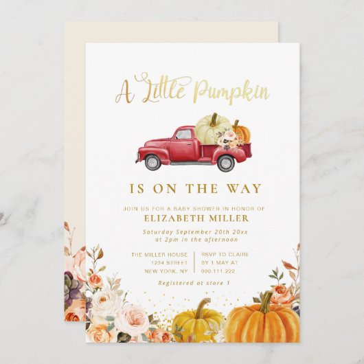 kleiner Kürbisfall Blütendusche Einladung (Vorne/Hinten)