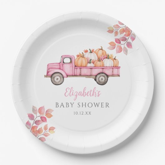 Kleiner Kürbispink Babydusche Foto Hintergrund Pappteller (Vorderseite)