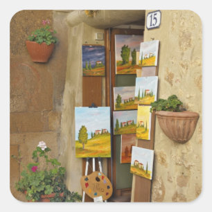 Kleiner Laden mit Kunstwerken zum Verkauf auf dem Quadratischer Aufkleber