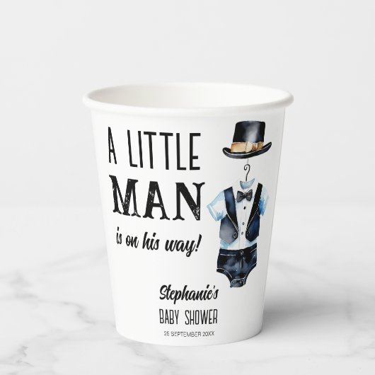 Kleiner Mann Babydusche schwarze Tuxedo mit Monogr Pappbecher (Rückseite)