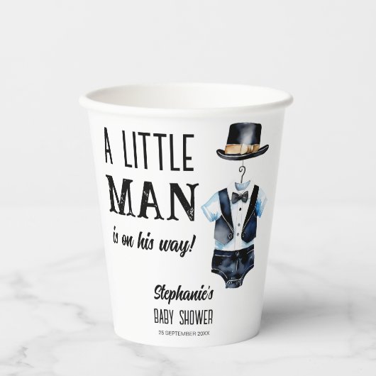 Kleiner Mann Babydusche schwarze Tuxedo mit Monogr Pappbecher (Vorderseite)