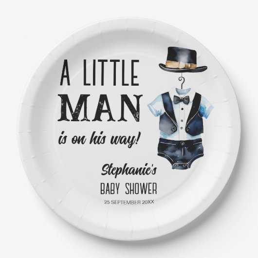 Kleiner Mann Babydusche schwarze Tuxedo mit Monogr Pappteller (Vorderseite)