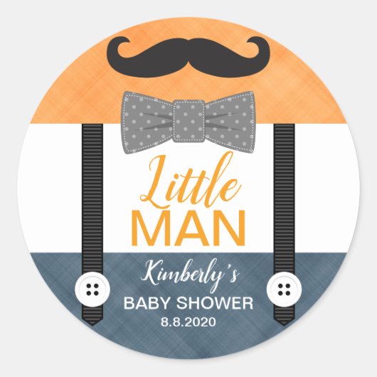 Kleiner Mann Bogen Krawatte Orangensevy Babydusche Runder Aufkleber (Vorderseite)