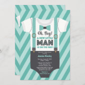 Kleiner Mann Boy Baby Dusche, graue Aquamarine Tür Einladung (Vorne/Hinten)