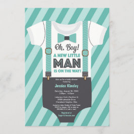 Kleiner Mann Boy Baby Dusche, graue Aquamarine Tür Einladung