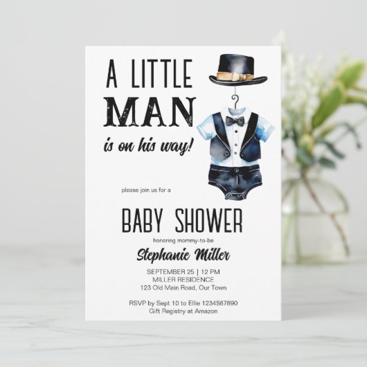 Kleiner Mann Dusche schwarze Tuxedo und ein Hut Einladung (Stehend Vorderseite)