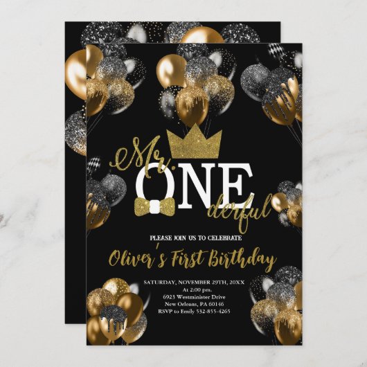 Kleiner Mann, Mr. One-derful Birthday, Balloons Einladung (Vorne/Hinten)