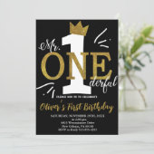 Kleiner Mann, Mr. One-derful Birthday, Black & Gol Einladung (Stehend Vorderseite)