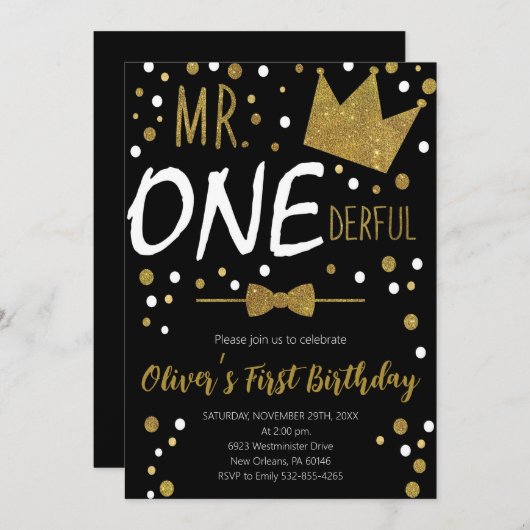 Kleiner Mann, Mr. Onederful Birthday, Polka Dots Einladung (Vorne/Hinten)