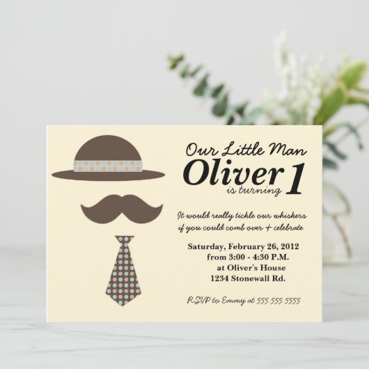 Kleiner Mann Mustache Bash Geburtstag Einladung (Stehend Vorderseite)