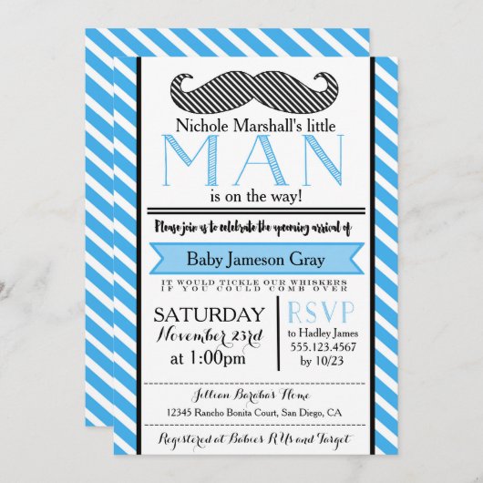 Kleiner Mann Mustache Kinderdusche Einladung (Vorne/Hinten)