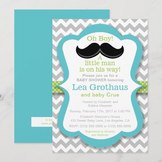 Kleiner Mann Mustache Kinderdusche Einladung (Vorne/Hinten)