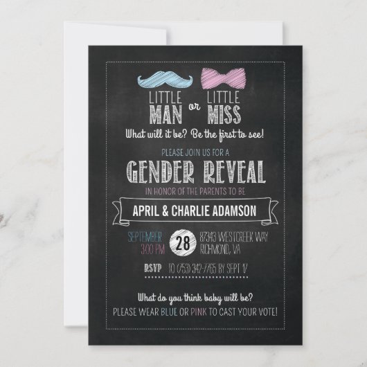 Kleiner Mann oder kleine Miss? Geschlechtsankündig Einladung (Vorderseite)