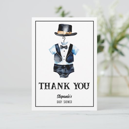 Kleiner Mann, schwarzer Tuxedo, Babydusche Dankeskarte (Stehend Vorderseite)