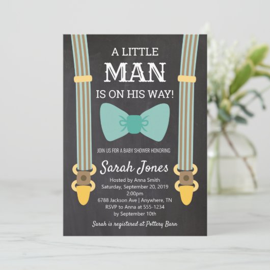 Kleiner Mann Suspender Baby Dusche Boy Baby Dusche Einladung (Stehend Vorderseite)