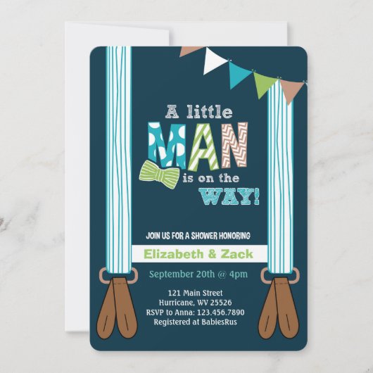 Kleiner Mann Suspender Kinderdusche Einladung (Vorderseite)