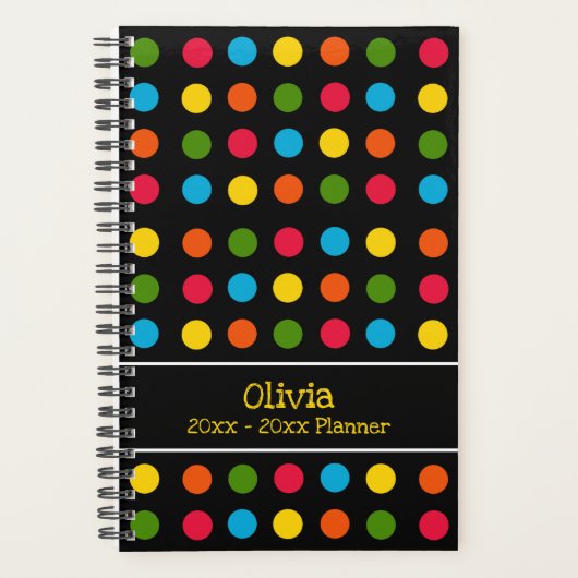 Kleiner, moderner schwarzer Multicolor Polka Dot Planer (Vorderseite)