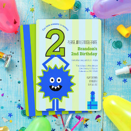 Kleiner Monster Boy 2. Geburtstag Blue Green Strip Einladung
