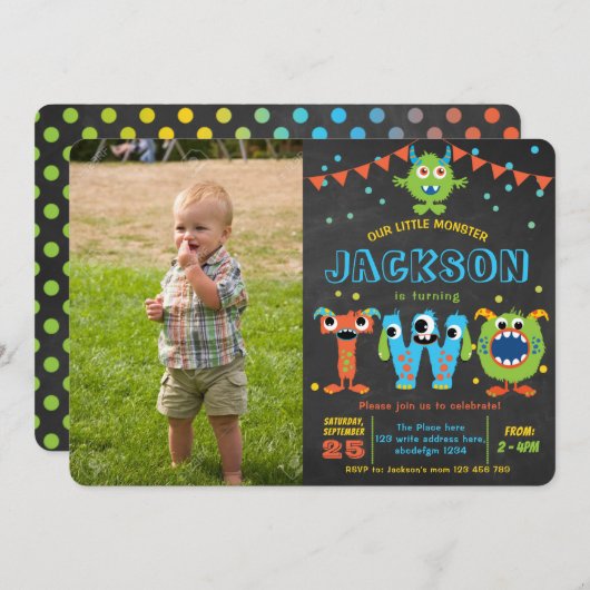 Kleiner Monster Chalkboard Junge 2. Geburtstag Fot Einladung (Vorne/Hinten)