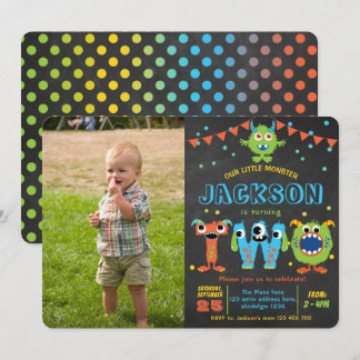 Kleiner Monster Chalkboard Junge 2. Geburtstag Fot Einladung